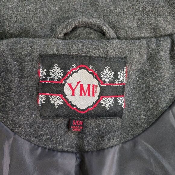 YMI Pea Coat Juniors Sz S Double Breasted w Back Tab Charcoal Gray Wool Blend - Picture 5 of 9